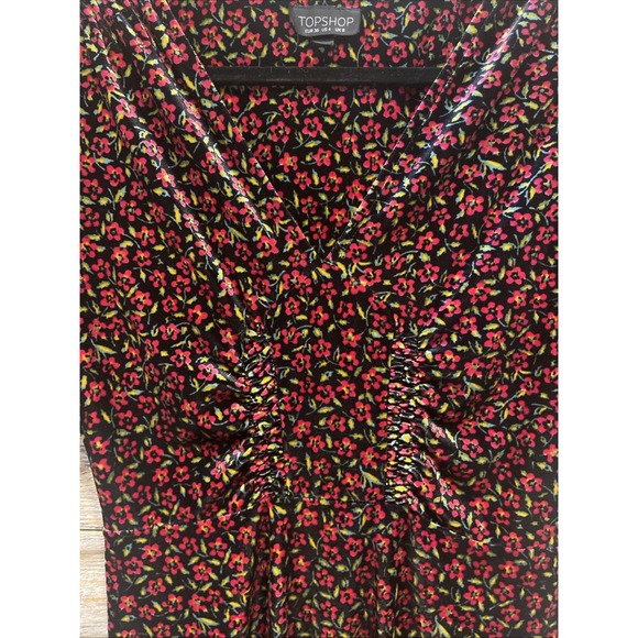 Topshop Women's Black Velvet Floral Dress US Size 4 V Neck Short Sleeve - Picture 2 of 8